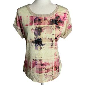 High Low Stretch Knit Pullover Top M Cream Pink Cuffed Sleeve Round Neck